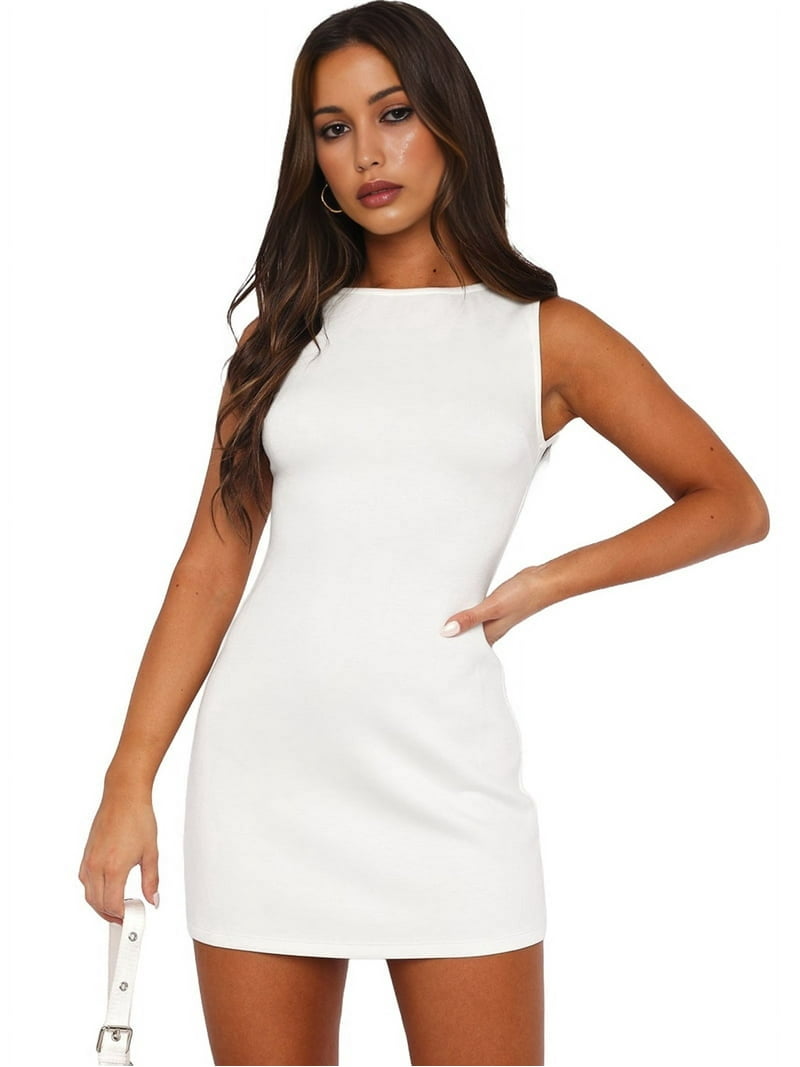 Women'S Summer Sleeveless Boat Neck Mini Dress Slim Fit Party Club