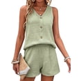 thumbnail image 1 of Women'S Summer Sleeveless Button Linen Vest Shorts Set Casual Matching Outfits Light Green S, 1 of 9