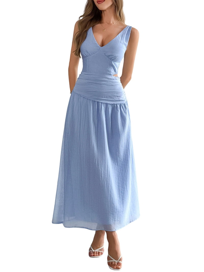 Women'S Summer Sleeveless Casual Dresses V-Neck Wrinkles Backless Party Dress Blue M