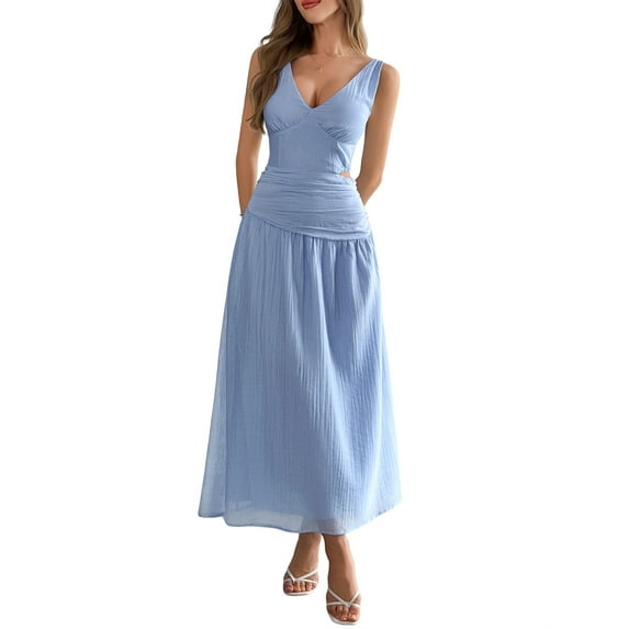 Women'S Summer Sleeveless Casual Dresses V-Neck Wrinkles Backless Party Dress Blue XL
