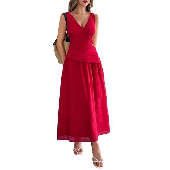Women'S Summer Sleeveless Casual Dresses V-Neck Wrinkles Backless Party Dress Red XL