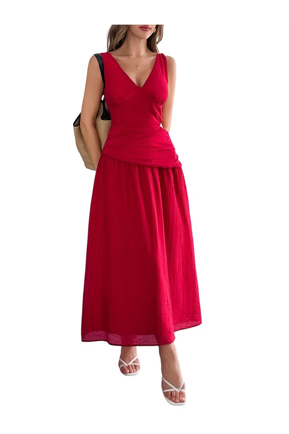 Women'S Summer Sleeveless Casual Dresses V-Neck Wrinkles Backless Party Dress Red XL