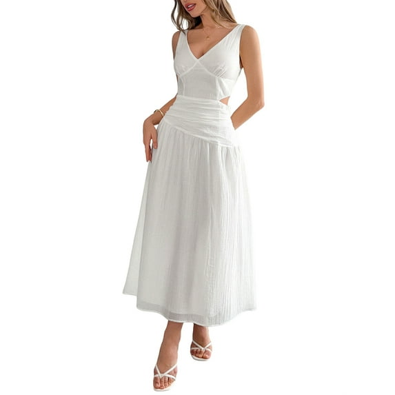 Women'S Summer Sleeveless Casual Dresses V-Neck Wrinkles Backless Party Dress White L