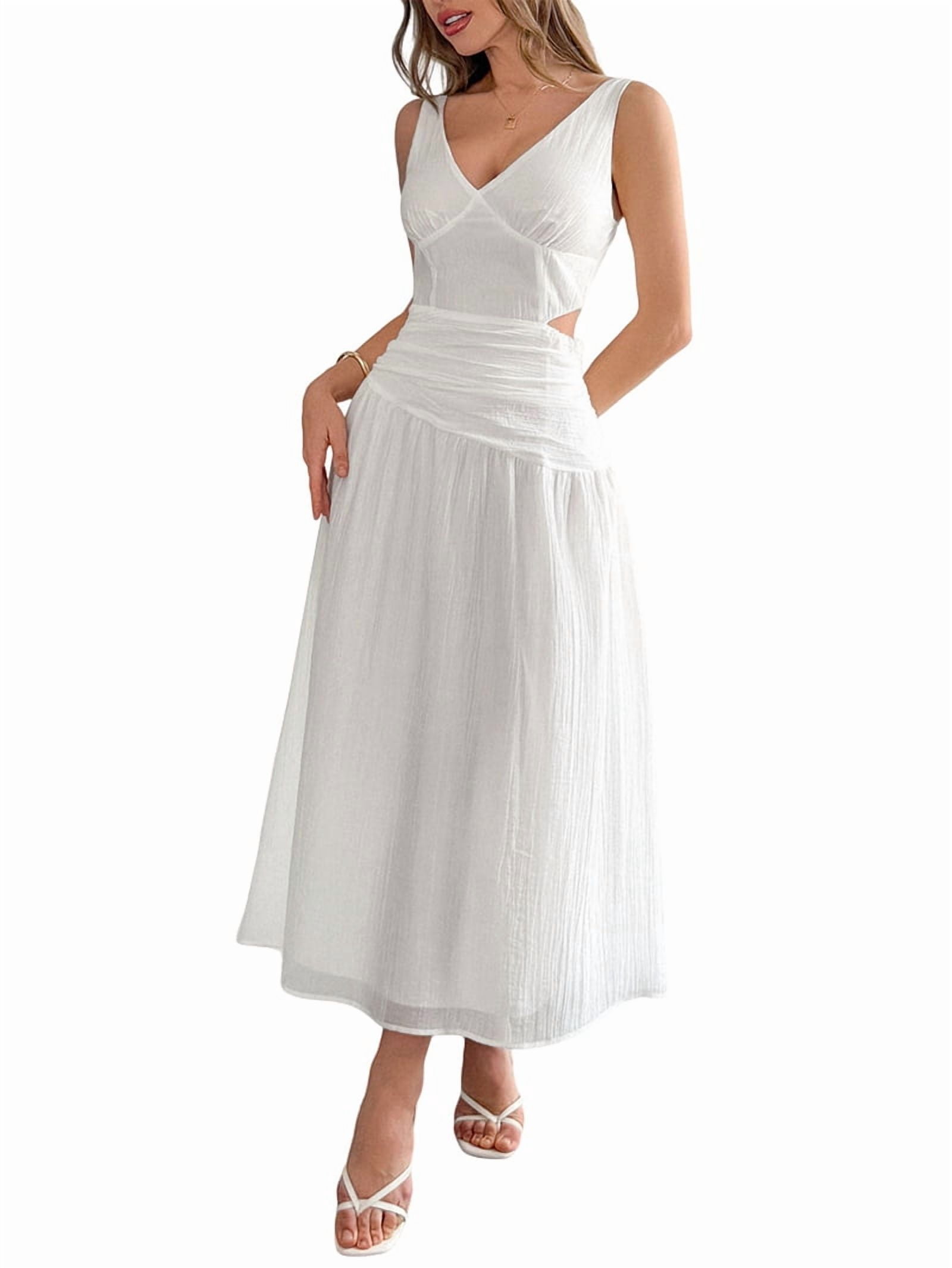 Women'S Summer Sleeveless Casual Dresses V-Neck Wrinkles Backless Party Dress White M