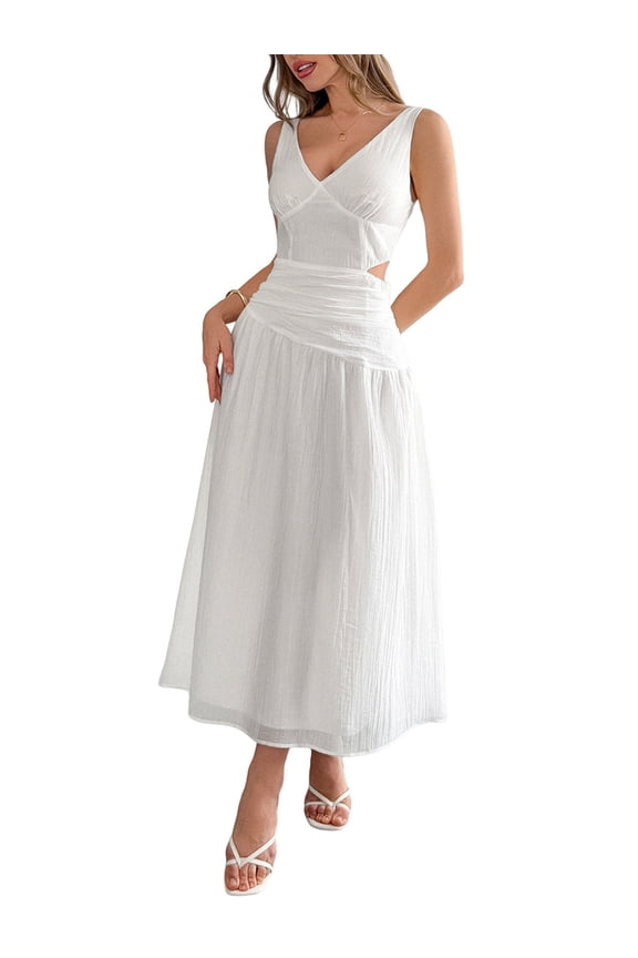 Women'S Summer Sleeveless Casual Dresses V-Neck Wrinkles Backless Party Dress White XL