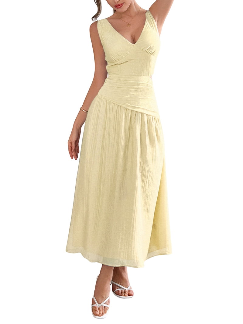 Women'S Summer Sleeveless Casual Dresses V-Neck Wrinkles Backless Party Dress Yellow L