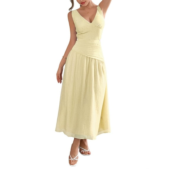 Women'S Summer Sleeveless Casual Dresses V-Neck Wrinkles Backless Party Dress Yellow XL