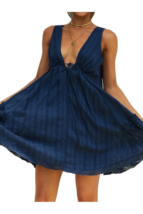 Women'S Summer Sleeveless Deep V Neck Tiered Swing Backless Going Out Vacation Boho Mini Dresses Navy Blue M