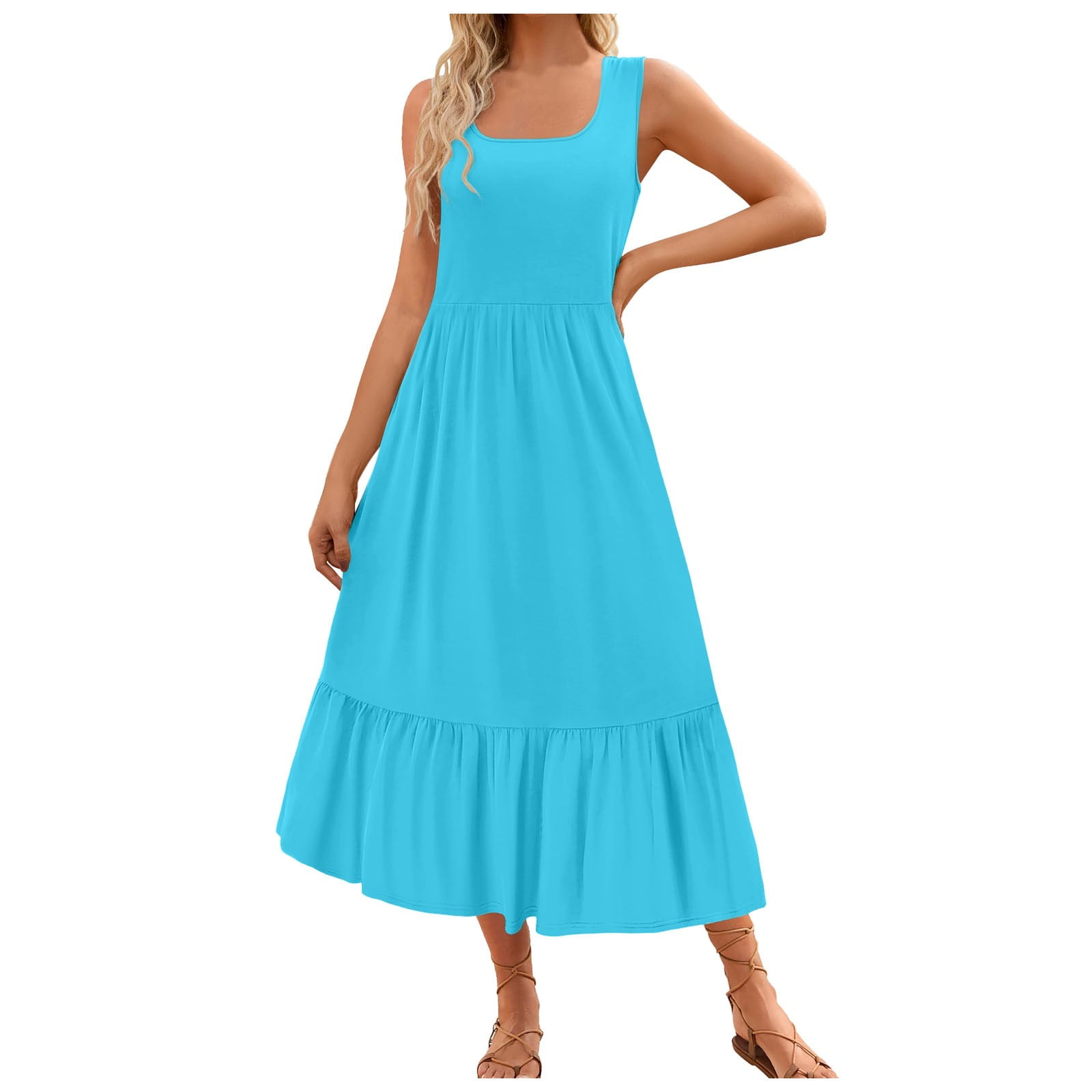 Women'S Summer Sleeveless Dress Square Neck Pleated Swing Casual Maxi ...