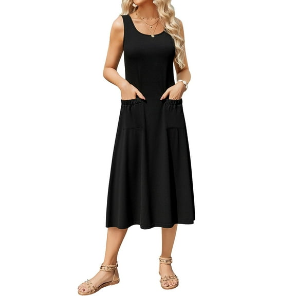 Women'S Summer Sleeveless Floral Beach Crewneck High Waist A-Line Midi Tank Dresses with Pockets Black L
