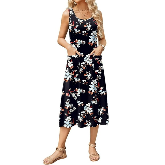 Women'S Summer Sleeveless Floral Beach Crewneck High Waist A-Line Midi Tank Dresses with Pockets Black & White XL
