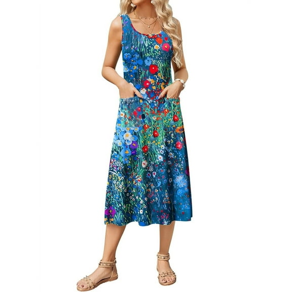Women'S Summer Sleeveless Floral Beach Crewneck High Waist A-Line Midi Tank Dresses with Pockets Blue & Red XL