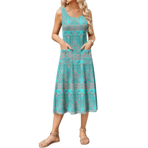 Women'S Summer Sleeveless Floral Beach Crewneck High Waist A-Line Midi Tank Dresses with Pockets Green XL