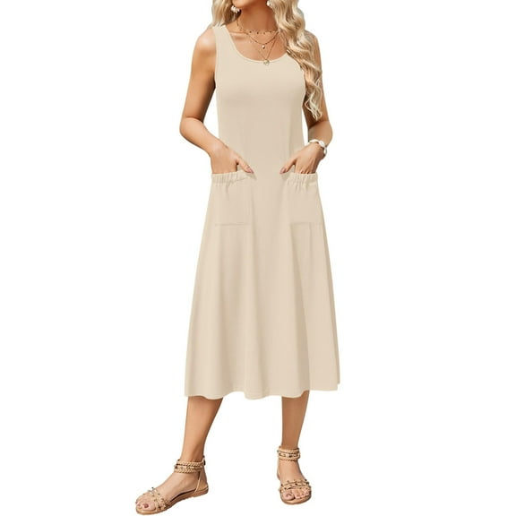 Women'S Summer Sleeveless Floral Beach Crewneck High Waist A-Line Midi Tank Dresses with Pockets L