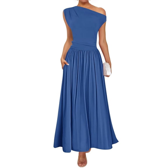 Women'S Summer Sleeveless Maxi Dress One Shoulder Casual Slim Swing Pleated Formal Dresses with Pockets Blue XL