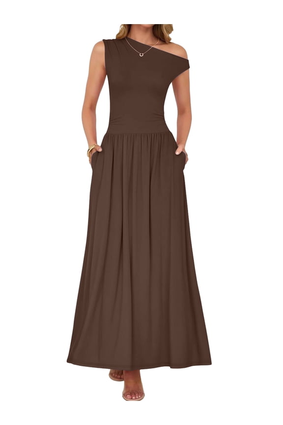 Women'S Summer Sleeveless Maxi Dress One Shoulder Casual Slim Swing Pleated Formal Dresses with Pockets Brown S