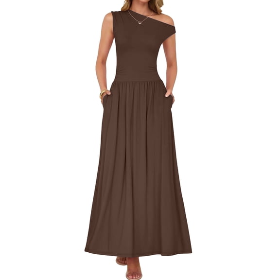 Women'S Summer Sleeveless Maxi Dress One Shoulder Casual Slim Swing Pleated Formal Dresses with Pockets Brown S