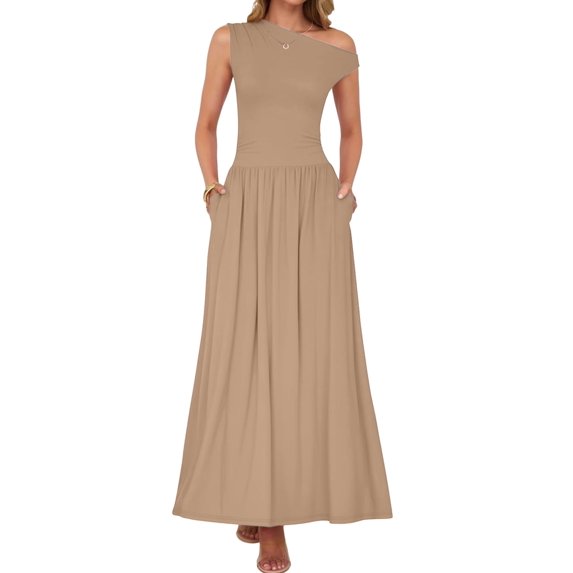 Women'S Summer Sleeveless Maxi Dress One Shoulder Casual Slim Swing Pleated Formal Dresses with Pockets Khaki M