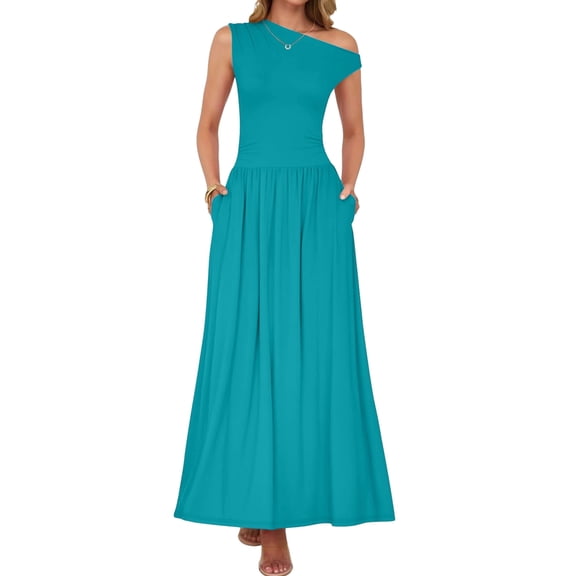 Women'S Summer Sleeveless Maxi Dress One Shoulder Casual Slim Swing Pleated Formal Dresses with Pockets Turquoise S