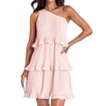 thumbnail image 1 of Women'S Summer Sleeveless Mini Dress Boho One Shoulder Ruffle Tiered Layered Flowy A Line Dresses Pink S, 1 of 10