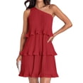 thumbnail image 1 of Women'S Summer Sleeveless Mini Dress Boho One Shoulder Ruffle Tiered Layered Flowy A Line Dresses Red L, 1 of 9