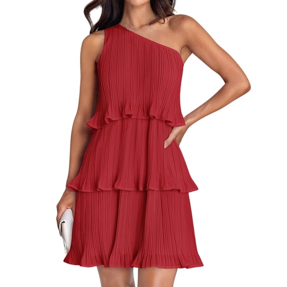 Women'S Summer Sleeveless Mini Dress Boho One Shoulder Ruffle Tiered Layered Flowy A Line Dresses Red L