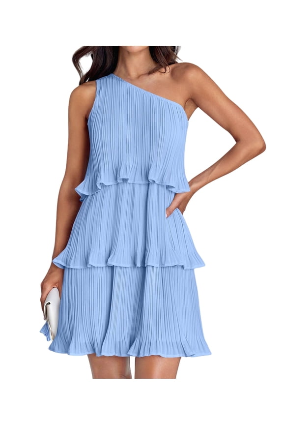 Women'S Summer Sleeveless Mini Dress Boho One Shoulder Ruffle Tiered Layered Flowy A Line Dresses S