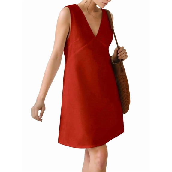 Women'S Summer Sleeveless Mini Dress Cotton Linen V Neck Cinched A Line Slim Tank Short Dress Red M
