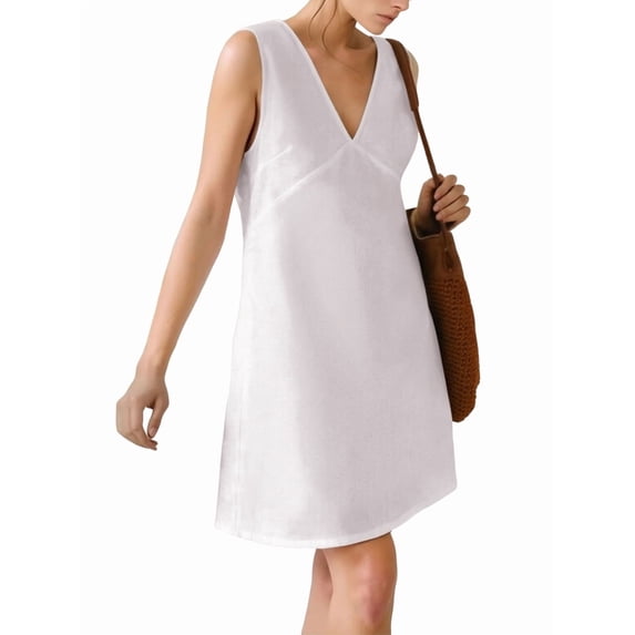 Women'S Summer Sleeveless Mini Dress Cotton Linen V Neck Cinched A Line Slim Tank Short Dress White S