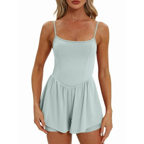 Women'S Summer Sleeveless Rompers Spaghetti Strap Double Lined Shorts Jumpsuit  Outfits Light Blue S
