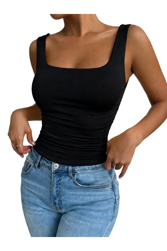 Women'S Summer Sleeveless Square Neck Tank Top Ruched Slim Fit Basic Vest Tops Black XS