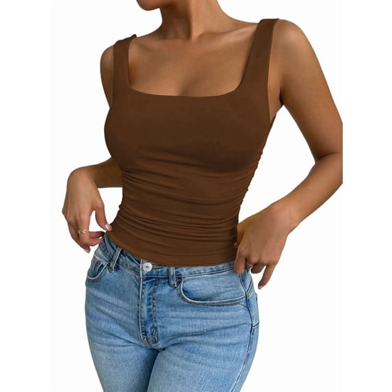 Women'S Summer Sleeveless Square Neck Tank Top Ruched Slim Fit Basic Vest Tops Brown S