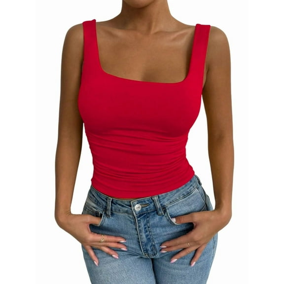 Women'S Summer Sleeveless Square Neck Tank Top Ruched Slim Fit Basic Vest Tops Red L