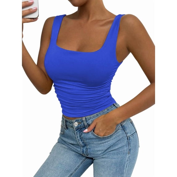 Women'S Summer Sleeveless Square Neck Tank Top Ruched Slim Fit Basic Vest Tops Royal Blue XS