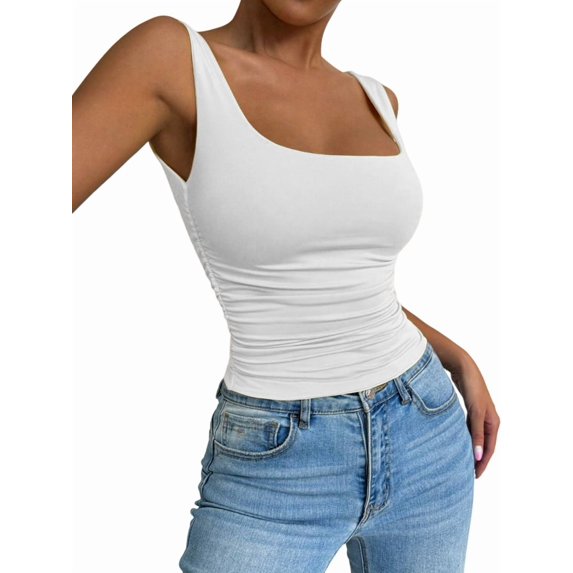 Women'S Summer Sleeveless Square Neck Tank Top Ruched Slim Fit Basic Vest Tops White L