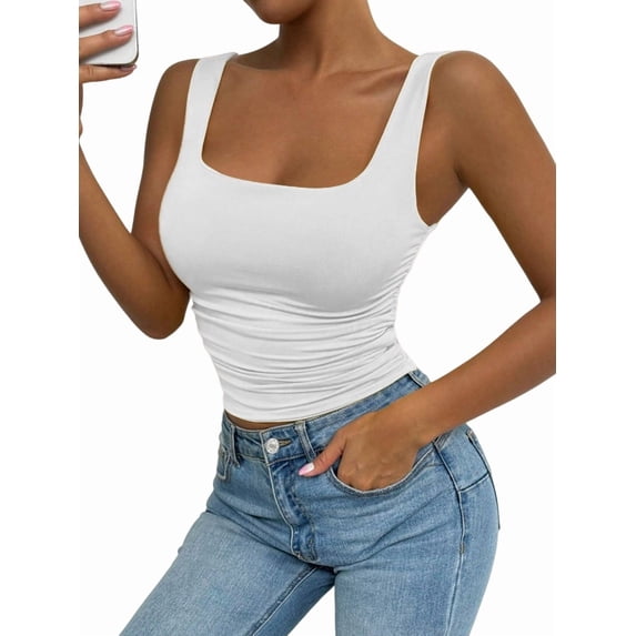 Women'S Summer Sleeveless Square Neck Tank Top Ruched Slim Fit Basic Vest Tops White L