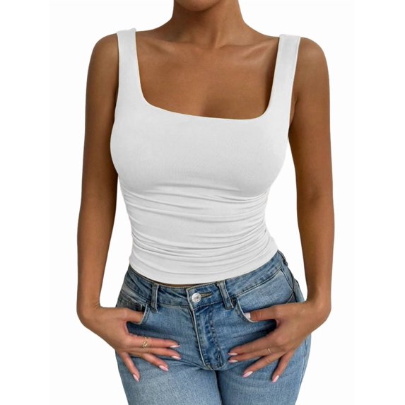 Women'S Summer Sleeveless Square Neck Tank Top Ruched Slim Fit Basic Vest Tops White S