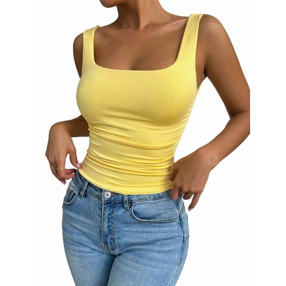 Women'S Summer Sleeveless Square Neck Tank Top Ruched Slim Fit Basic Vest Tops Yellow L