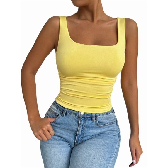 Women'S Summer Sleeveless Square Neck Tank Top Ruched Slim Fit Basic Vest Tops Yellow M