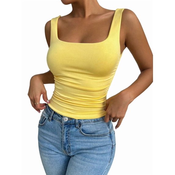 Women'S Summer Sleeveless Square Neck Tank Top Ruched Slim Fit Basic Vest Tops Yellow XS