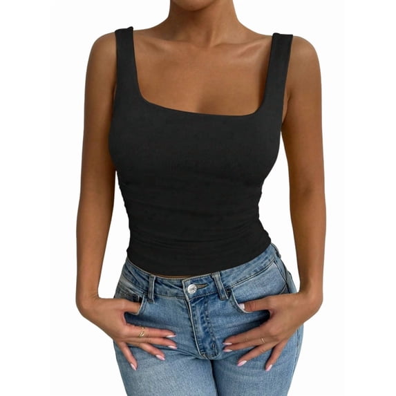 Women'S Summer Sleeveless Square Neck Tank Top Ruched Slim Fit Basic Vest Tops