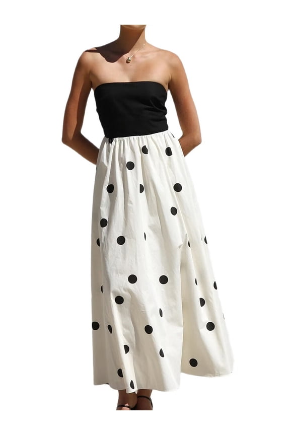Women'S Summer Sleeveless Swing Sundress Polka Dot Print Patchwork Strapless A-Line Maxi Dress White M