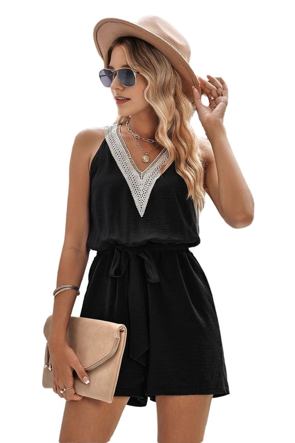Women'S Summer Sleeveless V Neck Casual Belted Cropped Jumpsuit with Pockets Vacation Cruise Beachwear