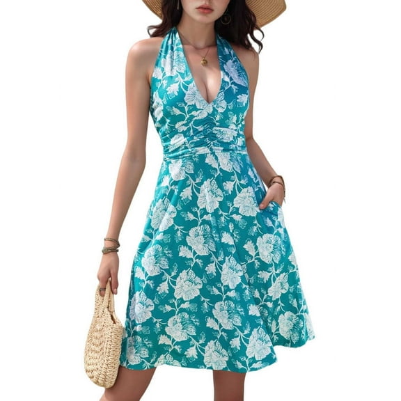 Women'S Summer Sleeveless Wrap V Neck Floral Sundress Mini Dress Blue XL