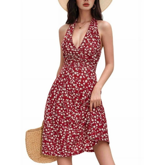 Women'S Summer Sleeveless Wrap V Neck Floral Sundress Mini Dress Claret S