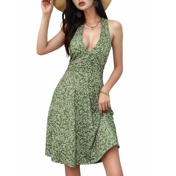 Women'S Summer Sleeveless Wrap V Neck Floral Sundress Mini Dress Ink Green M
