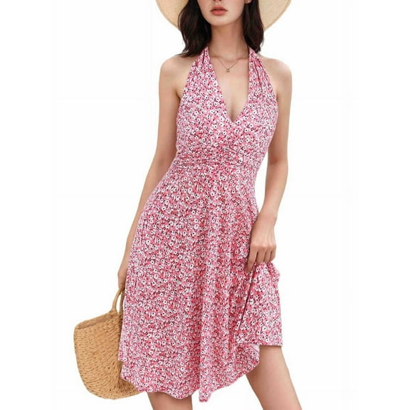 Women'S Summer Sleeveless Wrap V Neck Floral Sundress Mini Dress Pink L