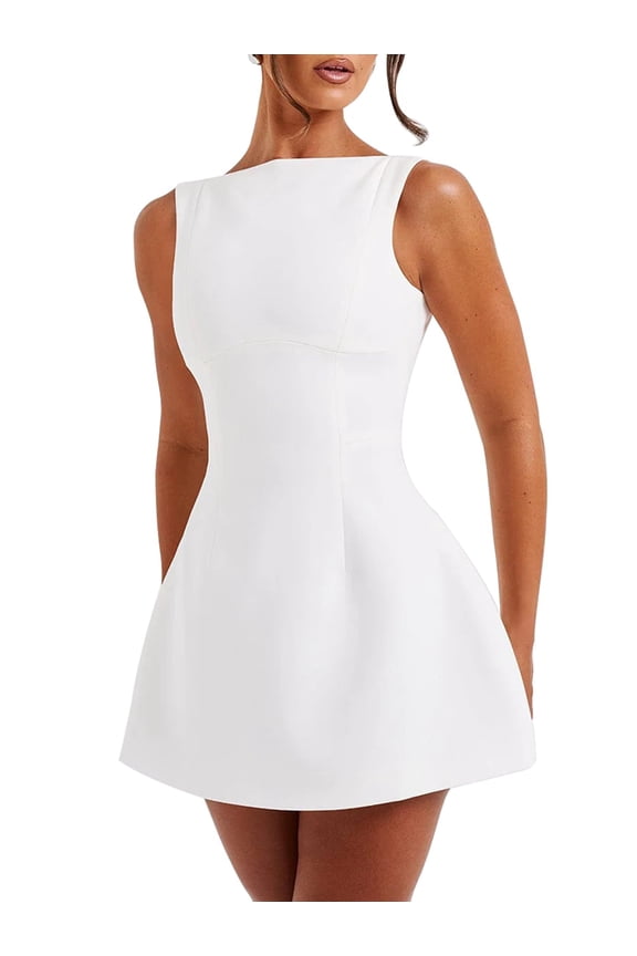 Women'S Summer Sleeveless Zipper Mock Neck Slim Fit A-Line Mini Dress Bodycon Party Club Dress for Women White S