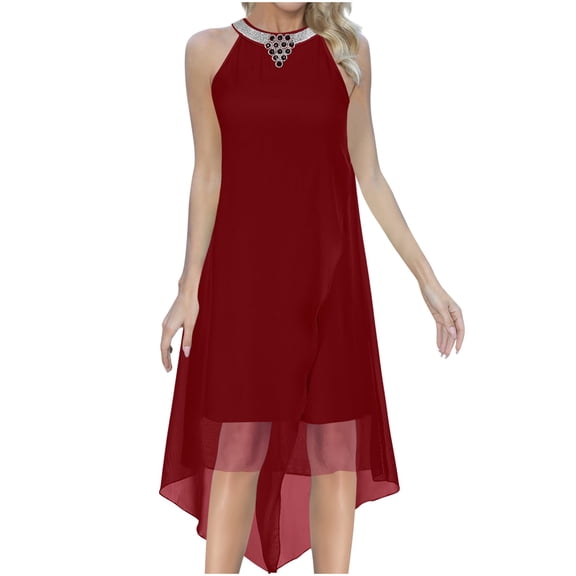 Women's Summer Solid Color Casual Loose Mesh Irregular Sleevless Crew Neck Dress,Jewel Halter Neckline Cocktail, Wedding Guest, Perfect Party Dress