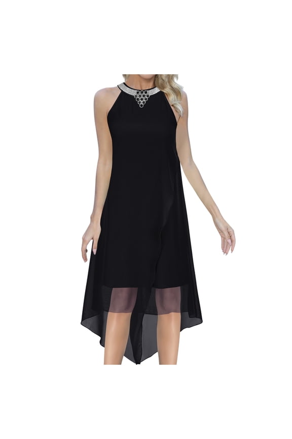 Women's Summer Solid Color Casual Loose Mesh Irregular Sleevless Crew Neck Dress,Jewel Halter Neckline Cocktail, Wedding Guest, Perfect Party Dress